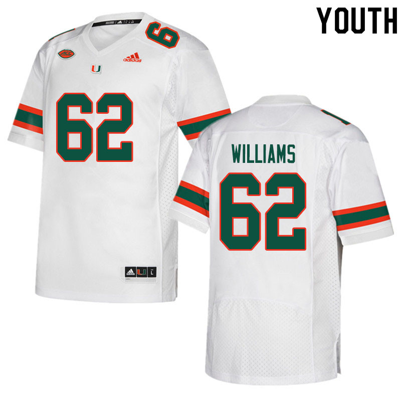 Youth #62 Jarrid Williams Miami Hurricanes College Football Jerseys Sale-White - Click Image to Close